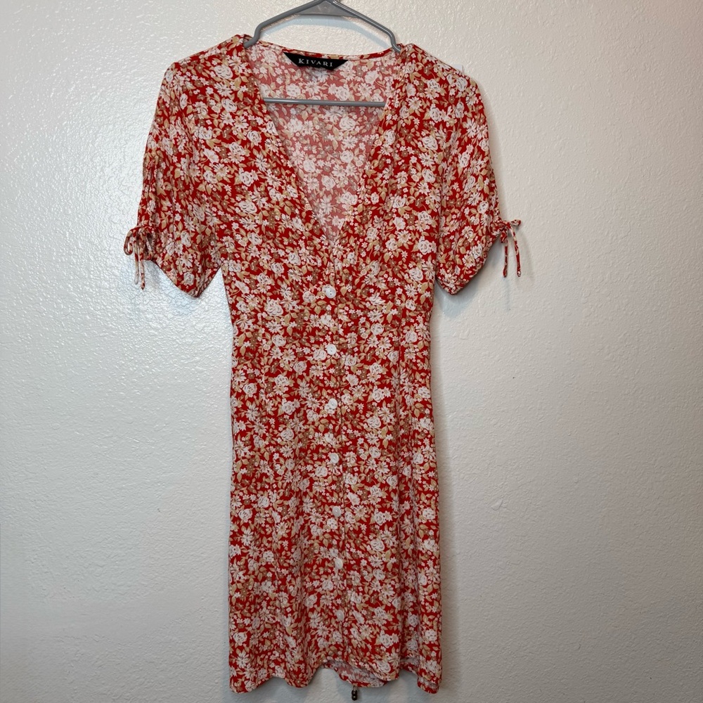 Kivari Floral V-Neck Button Front Dress With Tie Size Extra Small XS Boho Mini
